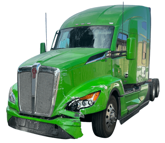 Green Kenworth Semi with Front Damage